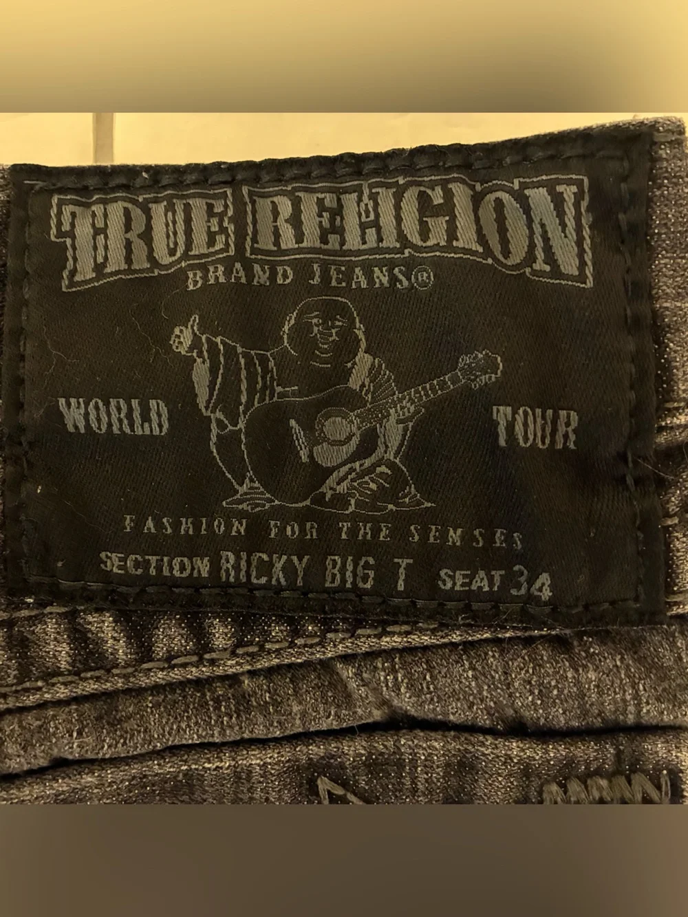 True Religion Jeans Men 36x32  Ricky Big T Flap Pockets Faded Black Grunge